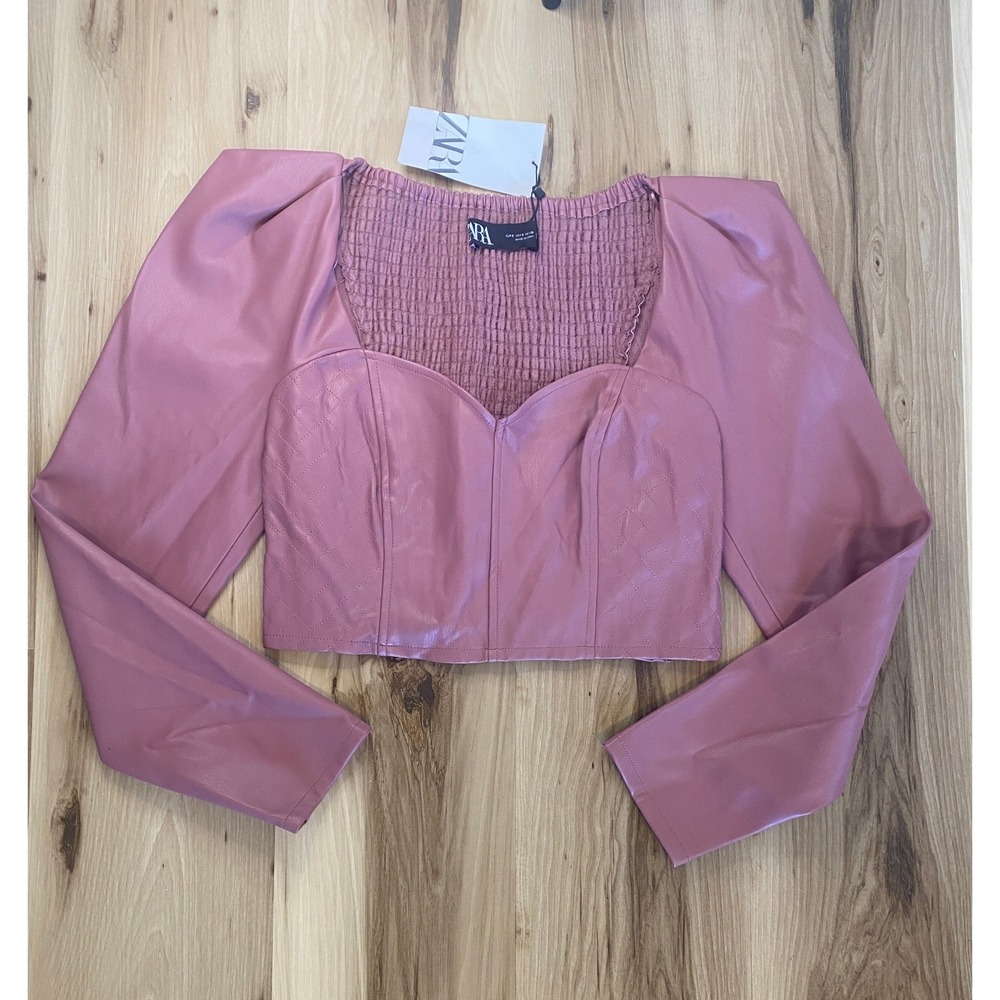 NWT Zara Pink Faux Leather Corset Crop Top Puff Sleeve Smocked Back Small